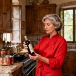 Chef italienne en tablier rouge examinant une bouteille de vinaigre balsamique dans une cuisine rustique