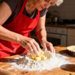 Femme de 55 ans en tablier rouge préparant une pâte à tarte sur une table en bois, avec farine et beurre
