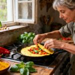 Omelette alternative préparée avec farine de pois chiches et légumes colorés dans une cuisine rustique